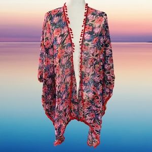 💖 Tropical Floral Kimono Cover-Up with Pom-Pom Trim 💖